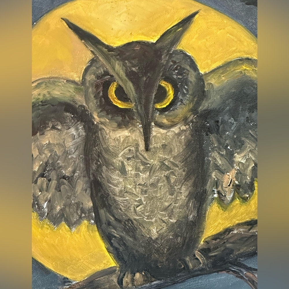 OIL PAINTING SIGNED Reclaimed Wood Framed Owl Painting With Yellow Moon Harvest - Picture 4 of 11